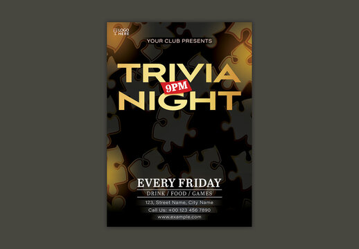 Trivia Night Party Flyer with Puzzle Background and Event Details for Club Promotions, Editable Design.