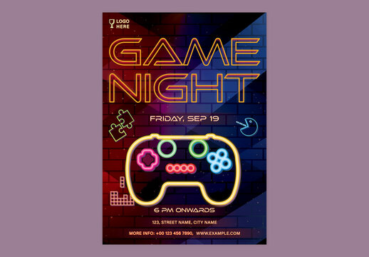 Game Night Party Flyer with Casino Equipments and Event Details, Editable Design.