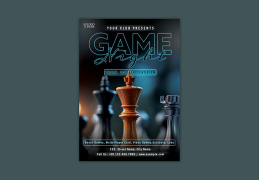 Game Night Flyer with Chess Pieces and Event Details, Editable Design.