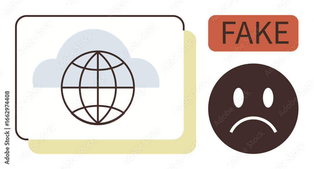 Poster globe symbol in overlapping cards under a cloud, next to fake label and frowning face. ideal for dig