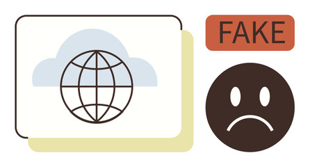 Globe symbol in overlapping cards under a cloud, next to Fake label and frowning face. Ideal for digital honesty, online fraud, misinformation, cybersecurity, fake content, ethical data use, simple