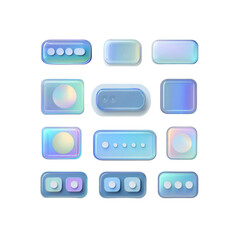 Collection of 3D Glassy UI Buttons and Interface Elements in Pastel Blue and Iridescent Colors