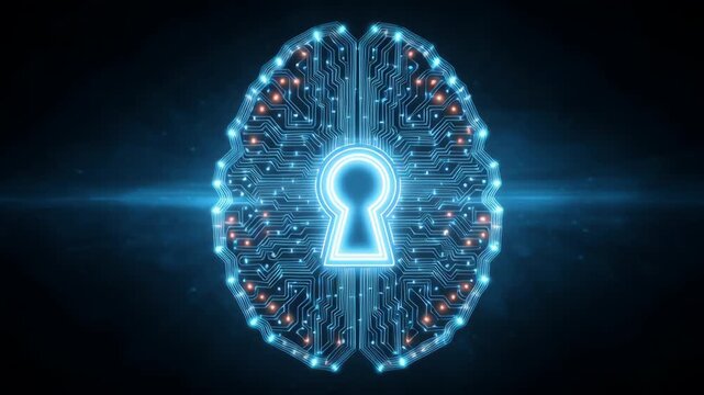 An illustration of a glowing keyhole at the center of a digital brain made of circuits, symbolizing data protection in an AI-driven world.