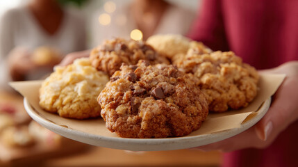 Plate of assorted homemade cookies is being offered, creating warm and inviting atmosphere