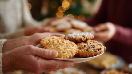 Group exchanging homemade cookies at festive gathering