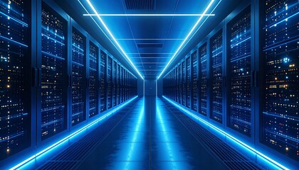 A futuristic data center glowing with blue server racks, symbolizing advanced AI processing power in high detail.