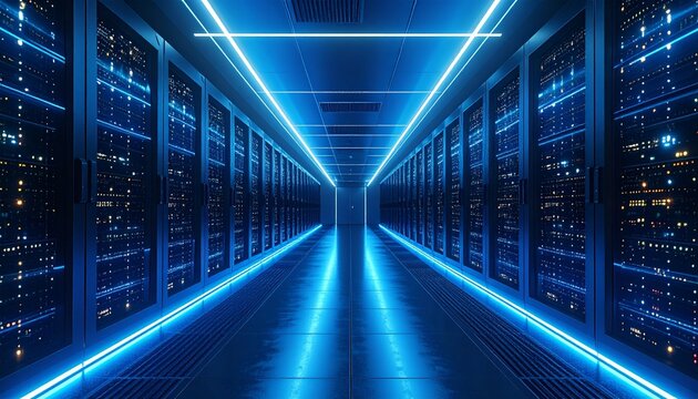 A futuristic data center glowing with blue server racks, symbolizing advanced AI processing power in high detail.