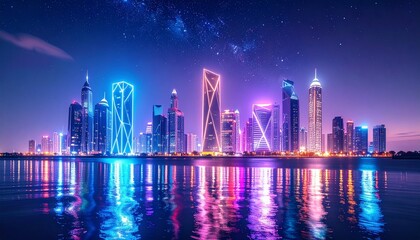 A sleek metallic skyline with glowing geometric towers under a crystal-clear night sky, illuminated by soft neon reflections on water.