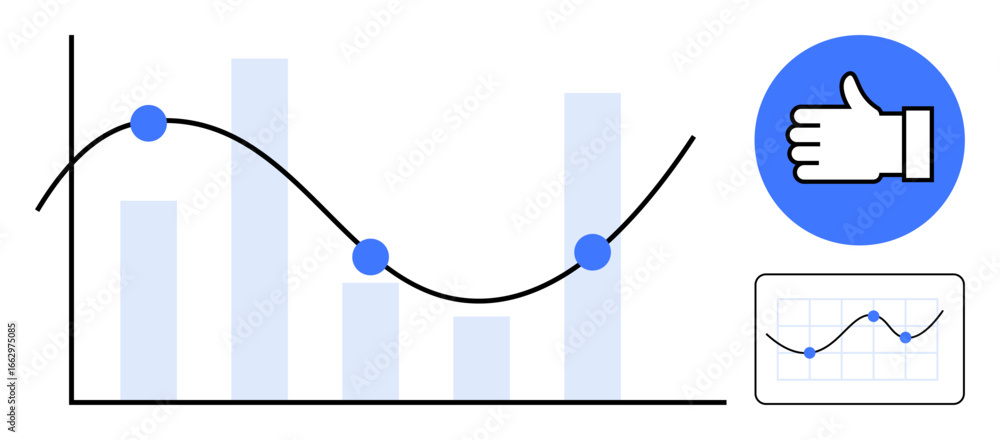 Poster bar chart with a trend line and data points, thumbs-up icon for approval, small graph inset. ideal f
