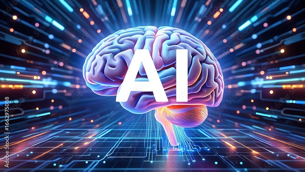 Poster futuristic ai brain with glowing neural network connections and digital data streams representing ar