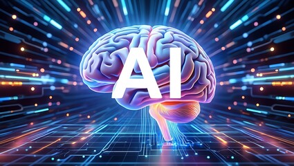 Futuristic ai brain with glowing neural network connections and digital data streams representing artificial intelligence and advanced technology