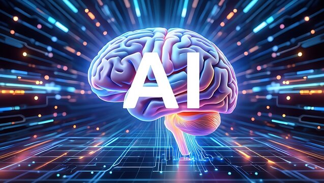 Futuristic ai brain with glowing neural network connections and digital data streams representing artificial intelligence and advanced technology