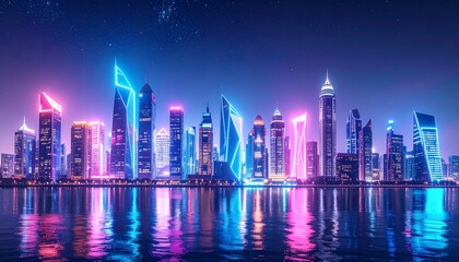 A sleek metallic skyline with glowing geometric towers under a crystal-clear night sky, illuminated by soft neon reflections on water.