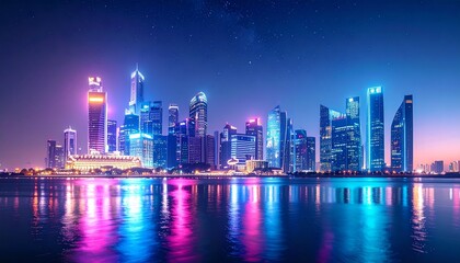 Fototapeta premium A sleek metallic skyline with glowing geometric towers under a crystal-clear night sky, illuminated by soft neon reflections on water.