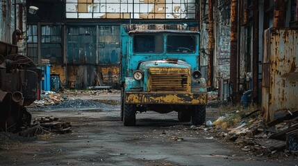 Fototapeta premium An old, rusted blue truck in a dilapidated industrial setting with a yellow grill and black tires.