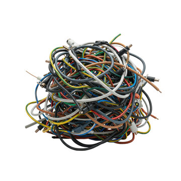 Tangled pile of colorful electrical wires and cables with cut ends and varied textures, isolated on a transparent studio background with no shadows, concept of electronic waste