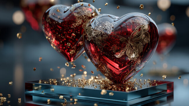Happy Valentine's Day holiday card. Like symbol, realistic red balloons and golden confetti on blue podium. Vector illustration with 3d decorative objects for Valentine's Day.