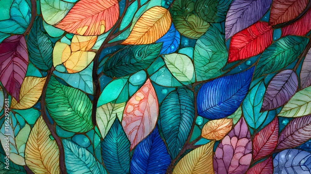 Poster vibrant multicolored leaves and foliage create an abstract decorative nature background with a lush 