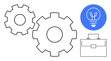 Two interconnected gears, a briefcase, and a light bulb illustrating teamwork, productivity, business, innovation, problem solving, collaboration and efficiency. Ideal for simple landing page