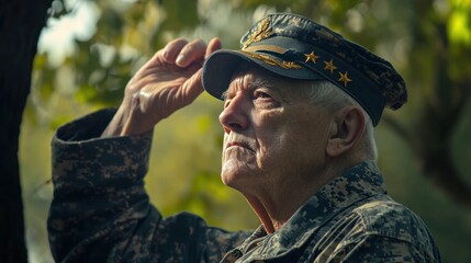 A senior military officer saluting in a forest setting.