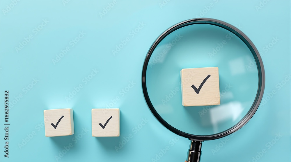 Poster checklist verification process with magnifying glass on blue background for audit review