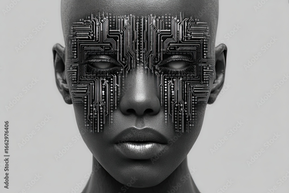 Poster futuristic concept of a human-machine hybrid featuring a sleek black face adorned with intricate cir
