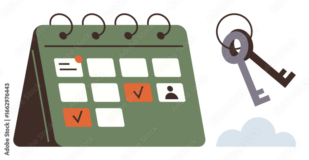 Poster desktop calendar with highlighted dates and keys floating nearby, symbolizing planning, organization