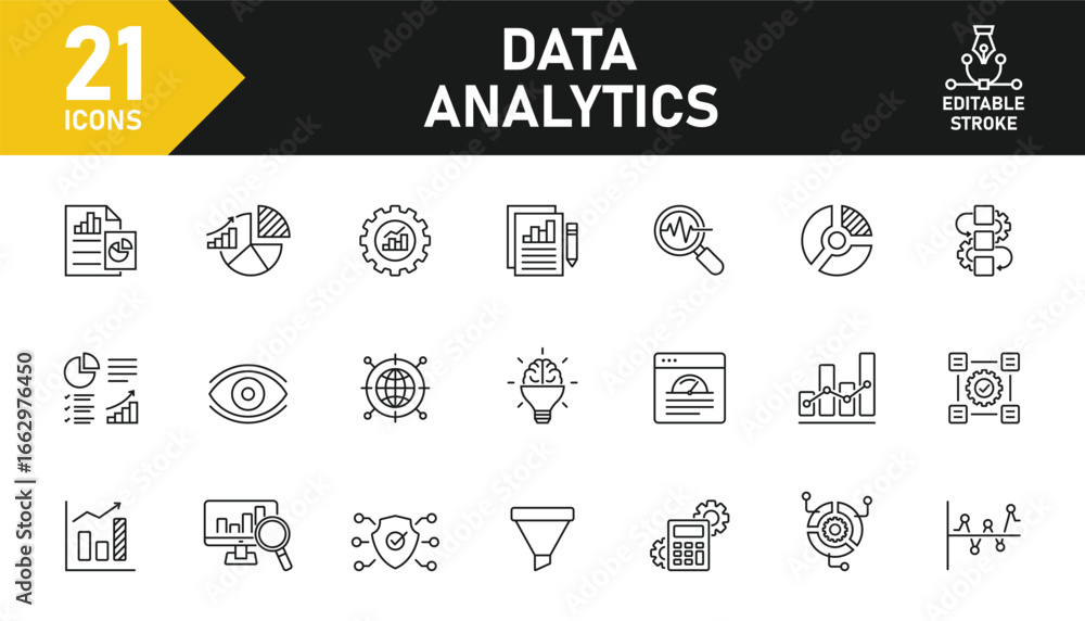 Poster data analytics line icon set. set of 21 outline icons related to analytics, datum, analysis, researc