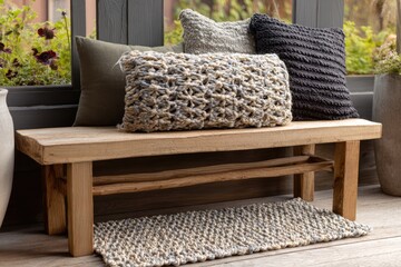 Wooden bench with patterned throw pillows and rug
