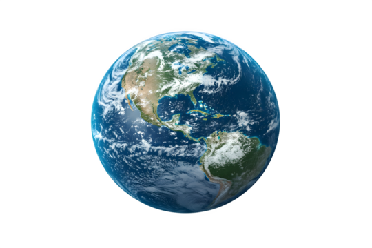 Beautiful planet earth seen from space with continents clouds oceans and lights isolated on transparent background