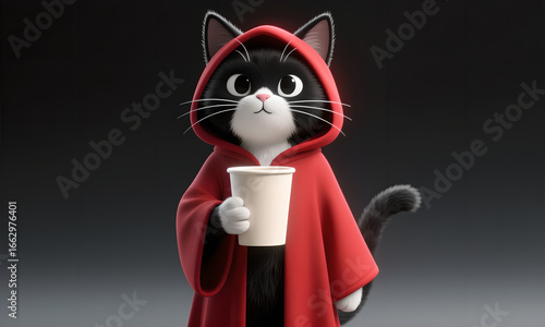 Cartoon Cat Wearing Red Cape Holding Drink, Cute and Funny Character