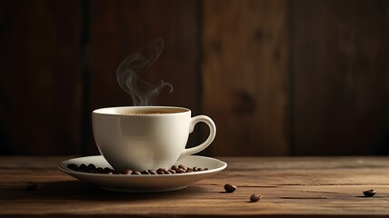 Fototapeta premium Steaming coffee in white cup on wooden table
