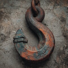 Rusted steel hook and chain link against a textured concrete background, close-up view