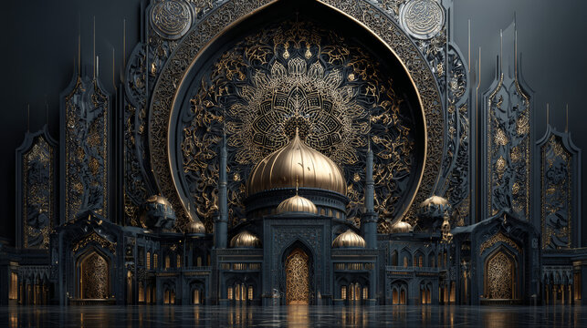 Happy New Hijri Year banner. Islamic holiday background with golden mosque and traditional arabic pattern. Vector illustration. Translation from Arabic: Happy Hijri Year.