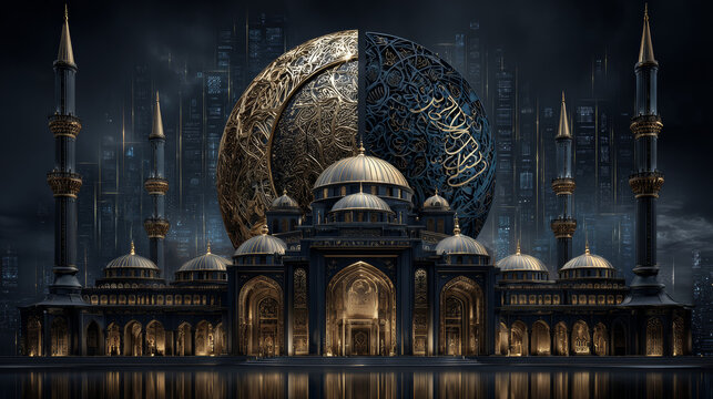 Happy New Hijri Year banner. Islamic holiday background with golden mosque and traditional arabic pattern. Vector illustration. Translation from Arabic: Happy Hijri Year.