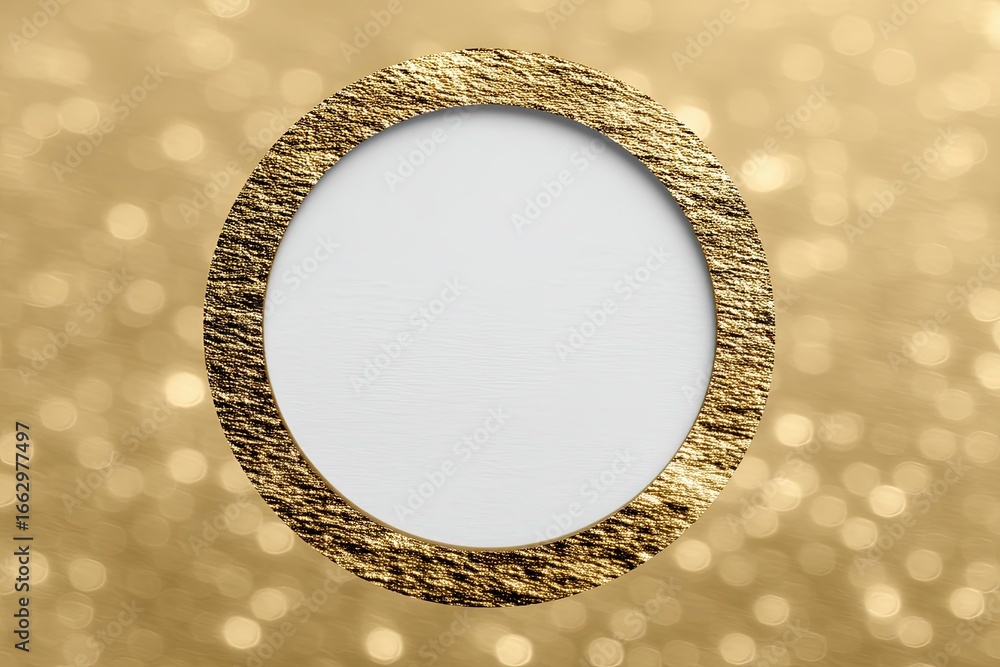 Poster elegant circular frame adorned with textured gold accents resting against a shimmering bokeh backdro