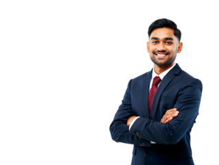 Smiling businessman with arms crossed in a suit isolated on transparent background