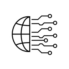 Digital network icon with wireframe globe and circuit design isolated on white background