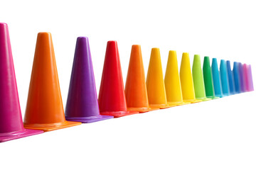 Vibrant rainbow traffic cones lined up creating a colorful gradient pattern on a dark surface isolated on transparent background