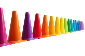 Vibrant rainbow traffic cones lined up creating a colorful gradient pattern on a dark surface isolated on transparent background