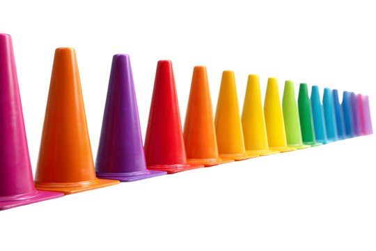 Vibrant rainbow traffic cones lined up creating a colorful gradient pattern on a dark surface isolated on transparent background