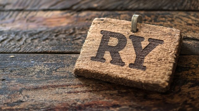 A wooden block with the word 'RY' engraved on it, placed on a rustic wooden table.