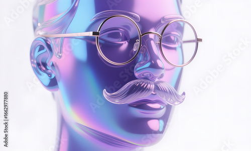 Holographic Mannequin Head with Mustache and Glasses on White Background