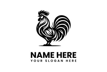 Bold Black Rooster Logo with Detailed Feather and Tail Design.