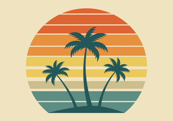 Retro Sunset Palm Trees Vintage Tropical Island Illustration