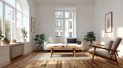Fototapeta premium Bright, airy living room with large windows