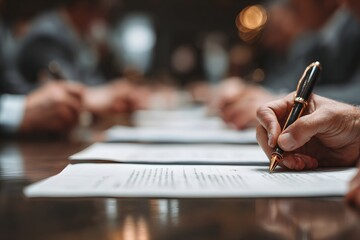 Bid concept with focused business people exchanging contract documents at sleek conference table.