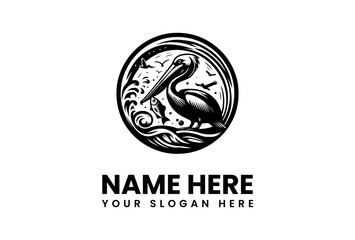 Elegant Black and White Pelican Logo with Fish and Birds.