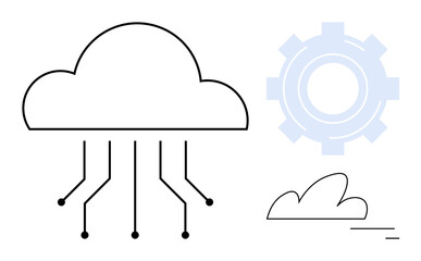 Cloud connected with digital lines, simplified cloud graphic, and gear symbolizing technology. Ideal for software, networking, development, IT services, data storage, automation simple landing page
