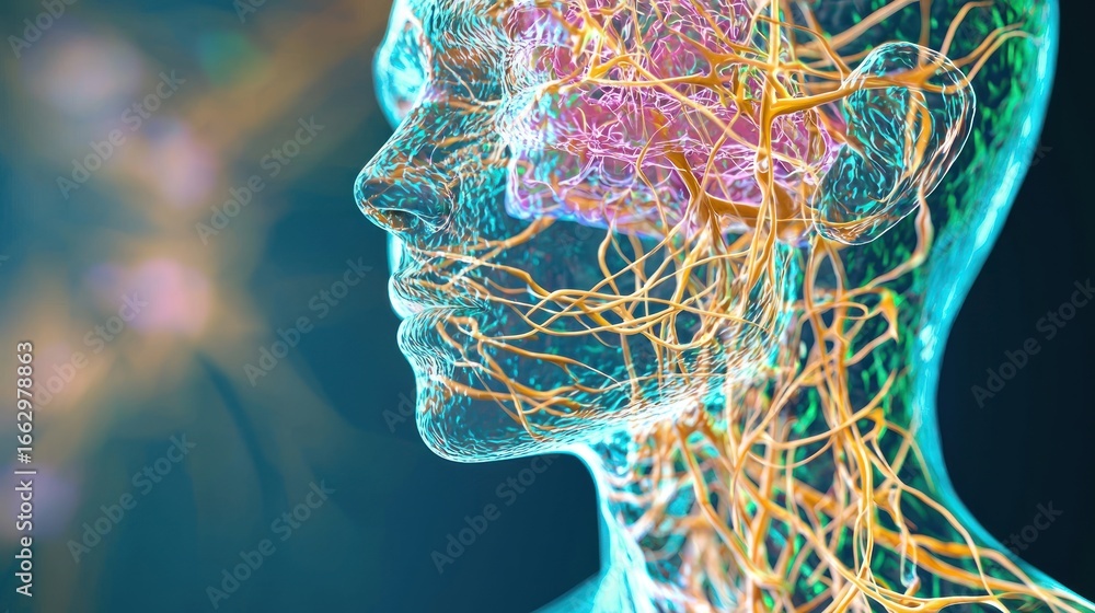Poster a transparent human head with a brain and neural pathways, set against a gradient background with a 